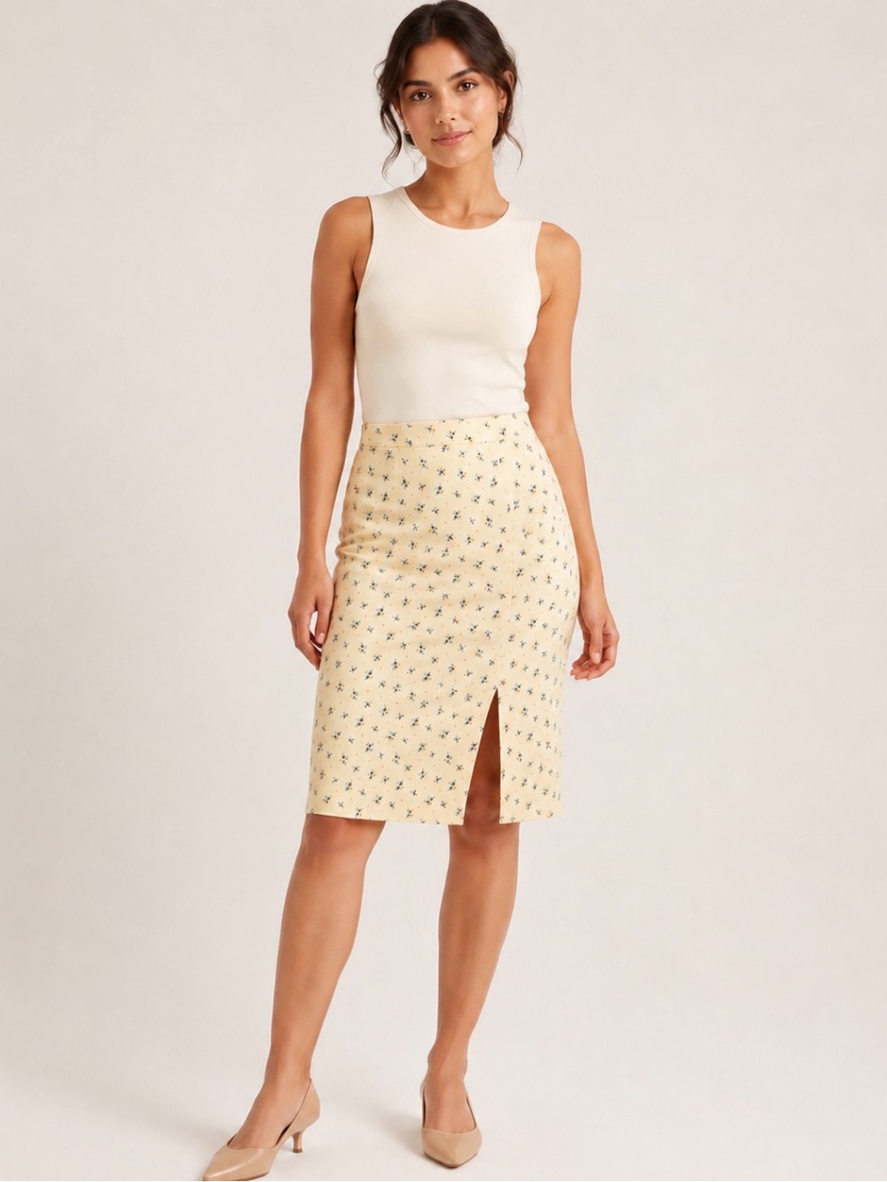 BCBG Max Azria Butter Yellow Floral Slit Skirt Sz 4 | Coquette Soft Girl Slip